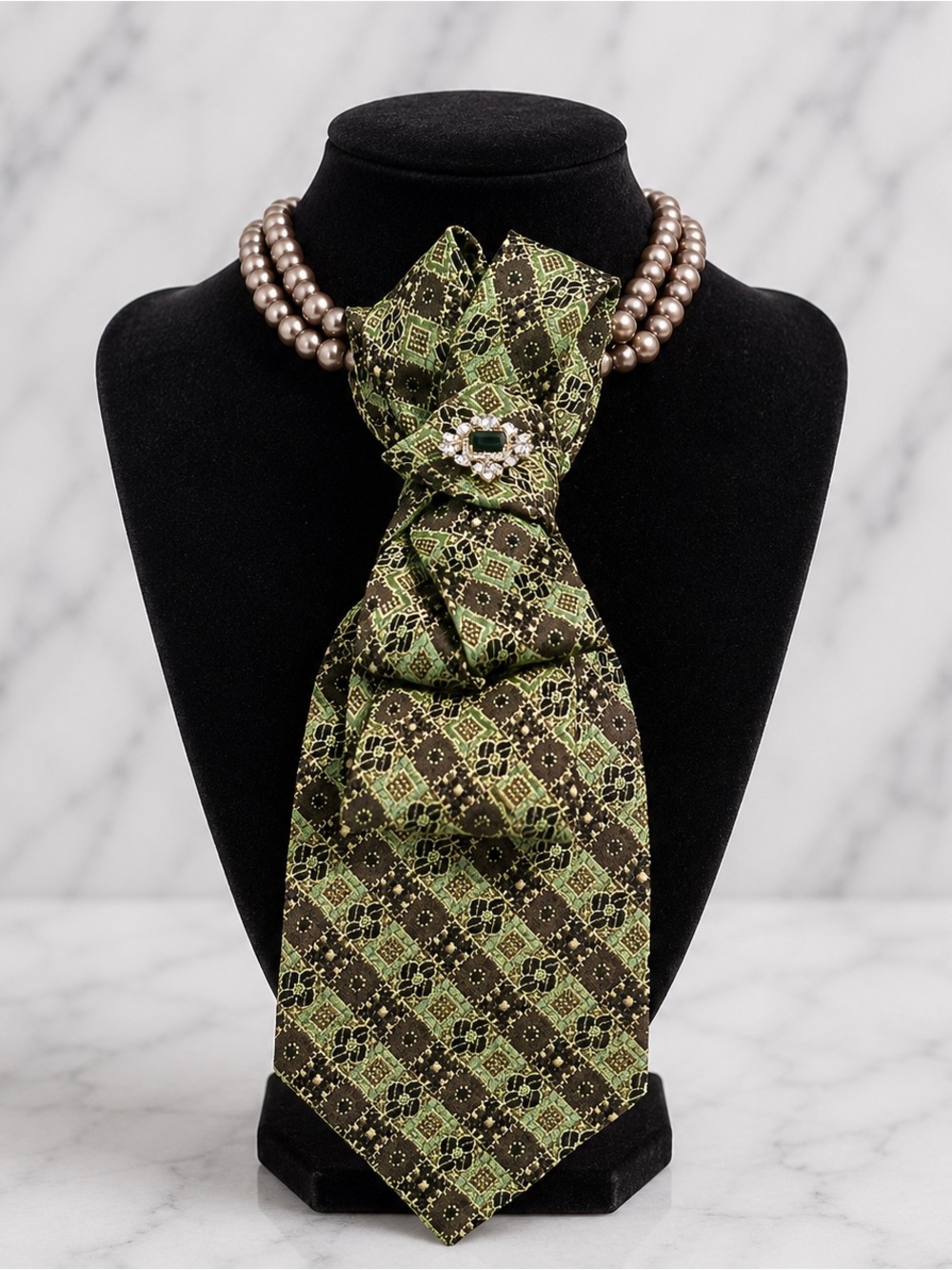 Necktie Necklace | Green Vintage Tie | Emerald Rhinestone & Pearls